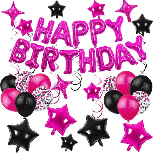56 PCS Happy Birthday Balloons Happy Birthday Banner Rose Red and Black Balloons for Boys Men Girls Women 16th 18th 20th 21st 25th 30th 40th 50th 60th Birthday Party Decorations