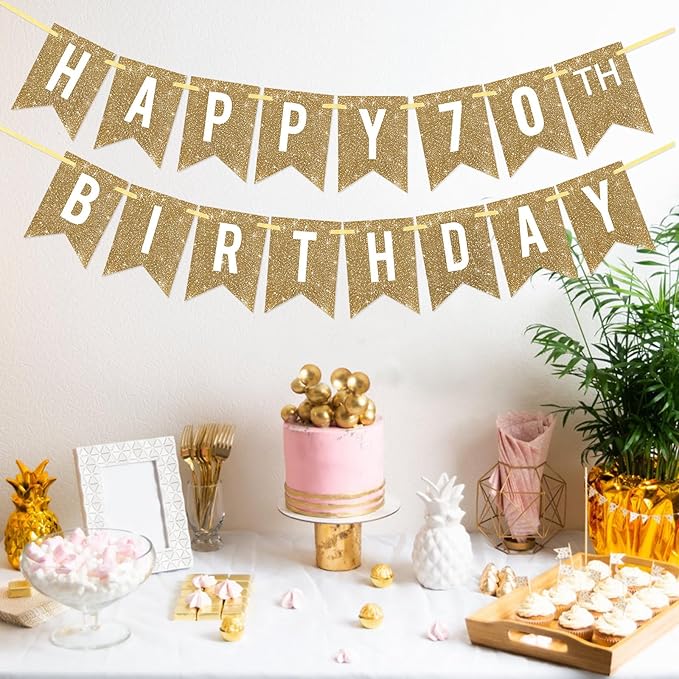 Netnology Pre-Strung Gold Happy 70th Birthday Banner Decorations,12 ft No DIY Gold Glitter 70th Birthday Party Banner Sign Decor for Women Men Girl Boy Party Supplies