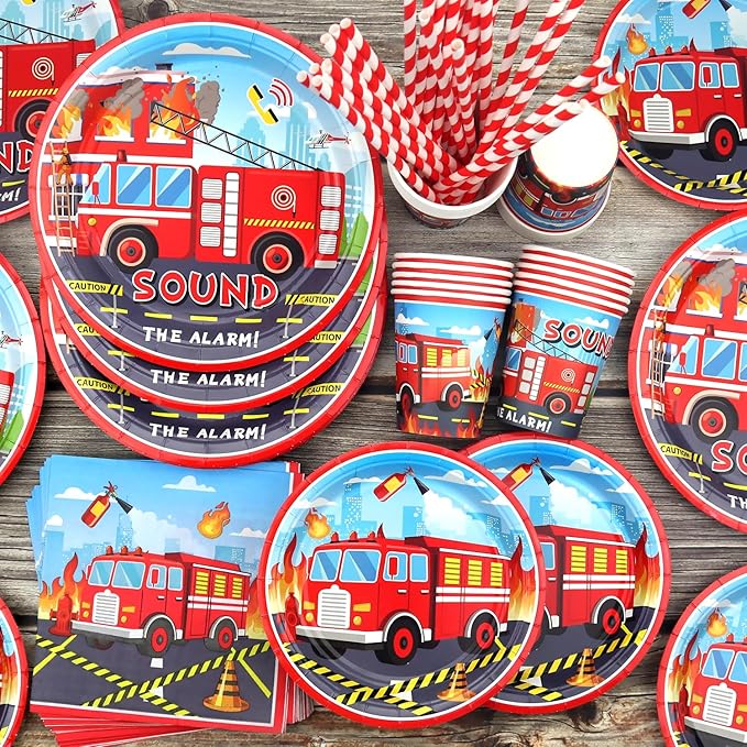Firetruck Party Supplies - Fire Truck Party Tableware - Dinner Plates Desserts Plates Cups Napkins Tablecover Straws for Truck Theme Party Baby Shower Supplies, Serves 20 (20)