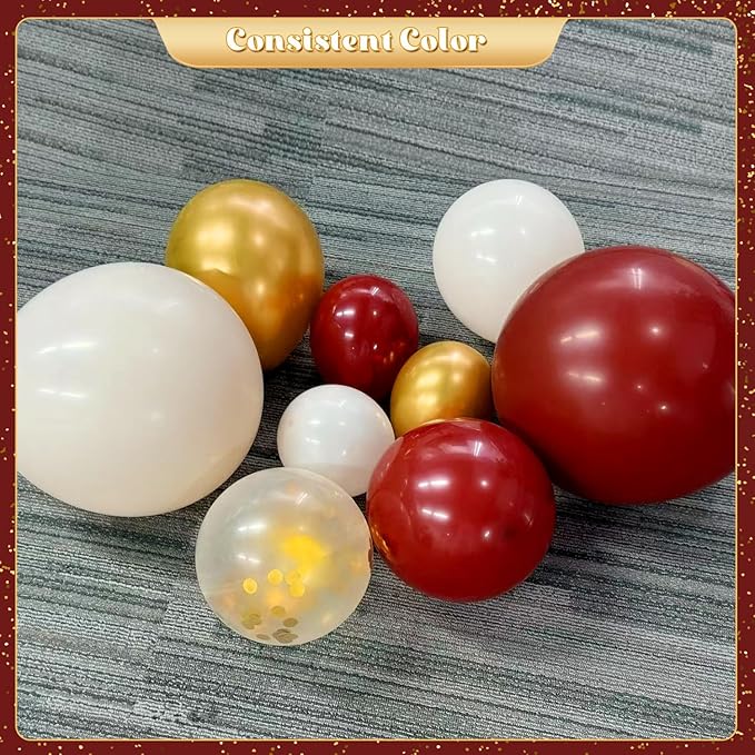 Burgundy Balloon Arch Garland Kit, 140Pcs Burgundy Maroon Gold Sand White Confetti Balloons With Stars for Birthday Christmas Birdal Shower Graduation Party Decorations