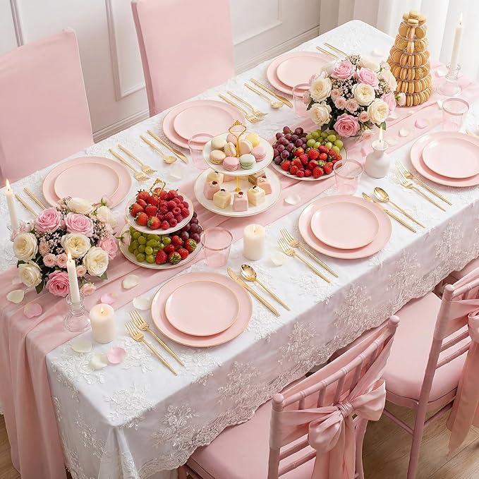 MirthMood 210PCS Pink Plastic Plates with Gold Rim ??Plastic Plates Set Includes 30 Dinner,30 Dessert Plate,30 Cup&30 Napkins 90 Gold Silverware for Wedding&Birthday Parties&Mother's Day