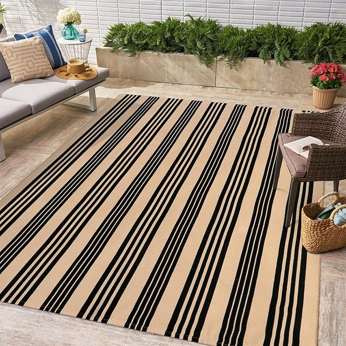 OJIA Outdoor Patio Rug 5'x7', Black and Tan Striped Outdoor Rugs Machine Washable Area Rugs Cotton Hand Woven Indoor Outdoor Rugs for Bedroom/Living Room/Front Porch/Deck/Backyard/Camping