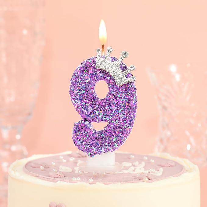 Birthday Number Candles,Purple Crown Birthday Candles for Cake,Glitter Number 9 Candle Cake Topper with Sequins for Anniversary Celebrations Supplies