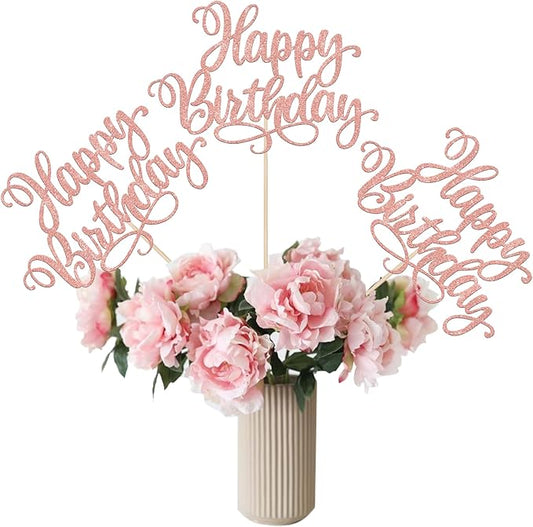 12 PCS Happy Birthday Centerpiece Sticks Double Sided Glitter Happy Birthday Table Flower Centerpieces Decorations for Celebrating Anniversary Theme Party Centerpieces Supplies Rose Gold