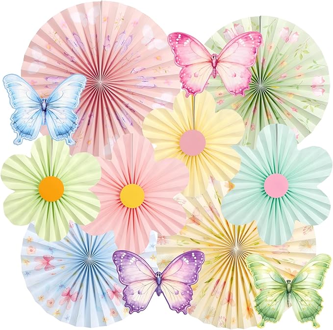 Butterfly Flower Paper Fan,Pastel Party Decoration for Garden,Spring Paper Fans Floral Decorations for Wall Hanging Flower Decor Fairy Birthday Decorations Garland Backdrop for Tea Party Baby Shower.
