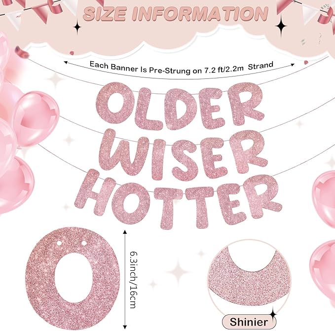 Fulmoon Set of 3 Pre Strung Older Wiser Hotter Glitter Banner Funny Birthday Banner for Women 30th 40th 50th 60th 70th 80th Birthday Party Decorations Sign Gift(Rose Gold)