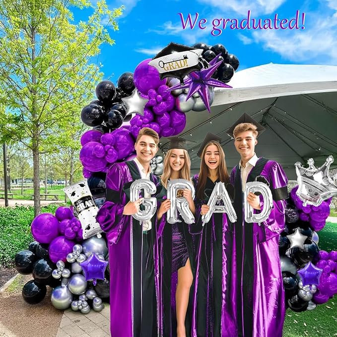 Black dark purple and silver Balloon Garland Arch Kit 130Pcs with dark purple and Silver Stars Graduation Certificate Graduation Cap crown GRAD Letters Mylar Balloons for 2025 Prom kpop Decorations