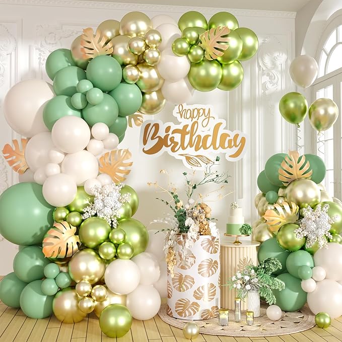 Sage Green and Gold Balloon Arch Garland Kit, Olive Metallic Chrome Green Gold Latex Balloons, Beige Cream Balloons for Wedding Bridal Baby Shower Gender Reveal Birthday Jungle Party Decorations