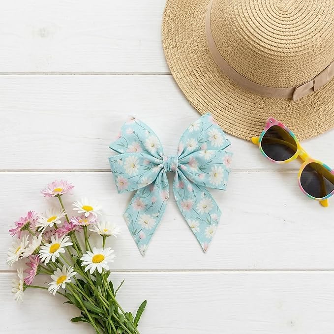 Spring Daisy Wired Edge Ribbon, 2.5 Inch Turquoise Blue with White Pink Floral Printed Ribbon, 4 Rolls for Birthday Wedding Bridal Baby Shower DIY Wrapping Mother's Day Party Decor (Turquoise Blue)