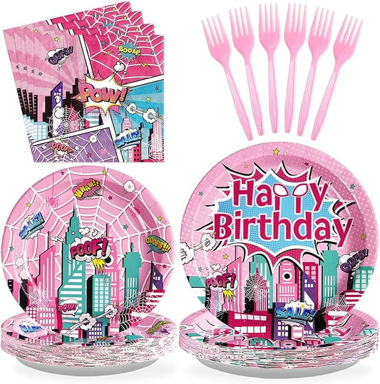 Grencian 96 Pcs Pink Spider Birthday Party Supplies Super Girl Hero Paper Plates and Napkins Spider Pink Ghost Decorations Tableware Set for Girls Birthday Baby Shower Serves 24