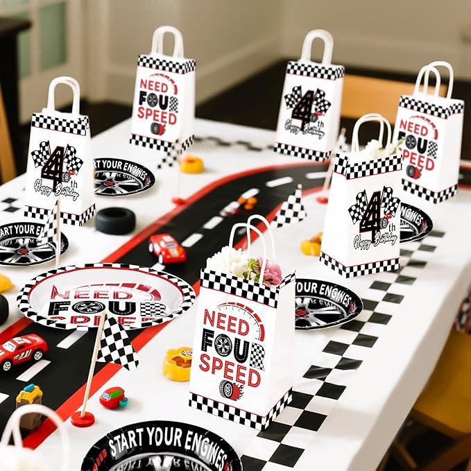 Grencian 16Pcs Need Four Speed Birthday Party Favor Bags Race Car Theme 4th Candy Treat Gift Goodie Bags with Handles Racing Car 4th Birthday Decorations for Kids Boys 4 Year Old Party Favors Supplies
