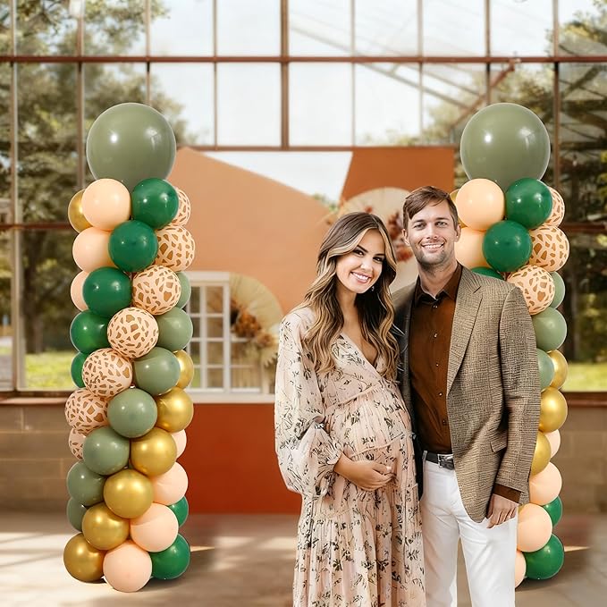 Green and Gold Balloon Column Stand Kit Set of 2, Safari Jungle Baby Shower Wild One Birthday Decorations with 145PCS Sage Green and Gold Animial Print Balloons for Woodland Animial Party Decorations