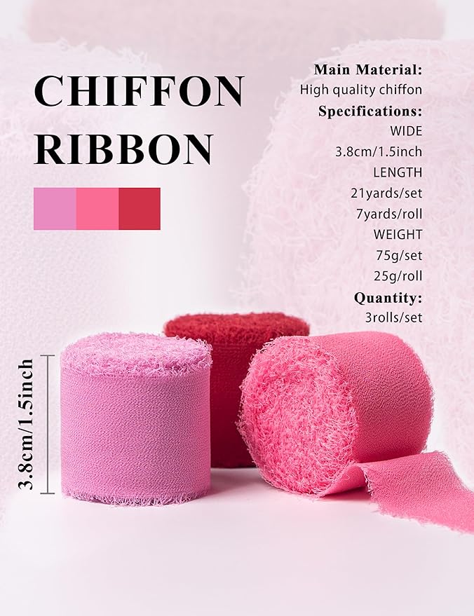 Chiffon Ribbon, Valentine's Day Party Decoration, 1.5''x21Yd Pink Red Frayed Fringe Handmade Silk Ribbons for Rose Floral Gift Wrapping, Wedding, Birthday, Engagement, Bridal Shower, 3 Rolls