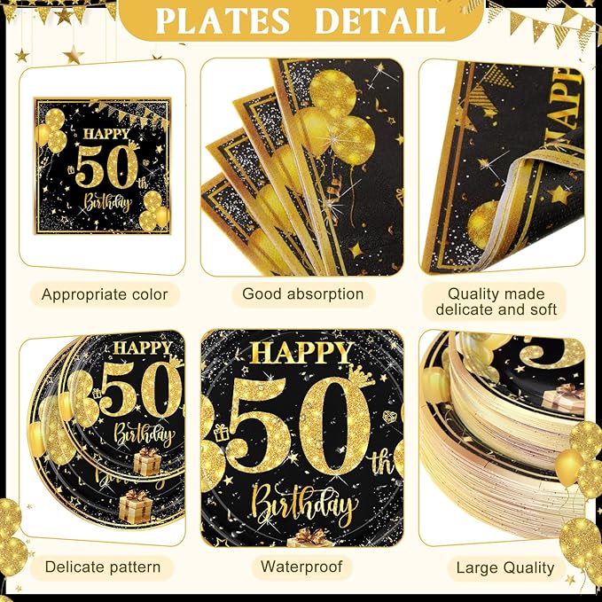 Ceenna 452 Pcs 50th Birthday Party Decoration Men for 50 Guests, Happy Black Gold 50th Birthday Paper Plates Napkins Cups Tablecloth Cutlery Straw Cheers to 50 Tableware Party Supplies for Women Men