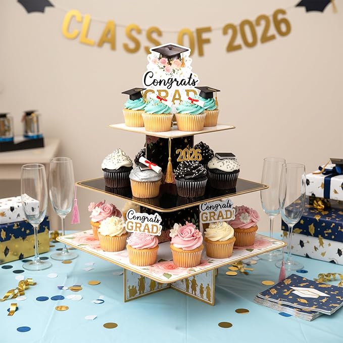 Haooryx Watercolor Flower Graduation Cupcake Stand - 3 Tier Pink Floral Graduation Hat Cupcake Tower Decor Candy Dount Dessert Holder for College High School Congrats Grad Party Table Decor Supplies