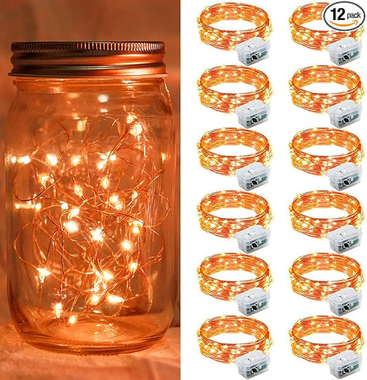 12 Pack Orange Fairy Lights 7Ft 20 LED Twinkle String Lights 3 Modes Battery Operated Waterproof Firefly Starry for Mason Jar Party Wedding Christmas Valentines Day Table Centerpieces