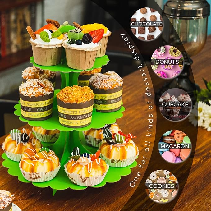 2 Pack 3-Tier Cupcake Stand,Green Cardboard Dessert Display Tower Holds 24 Cupcakes,for Birthdays & Theme Parties Supplies Decor