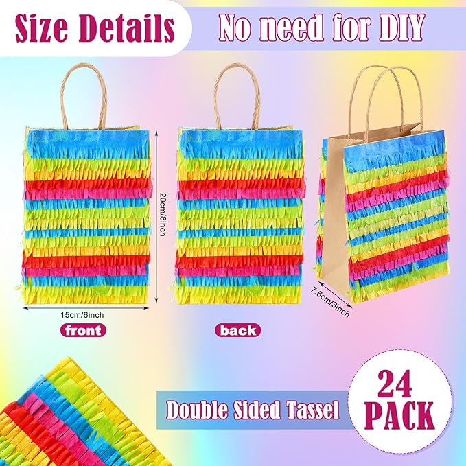Geyoga 24 Pcs Fiesta Favor Bags Fringe-cut Piñata Mexican Fiesta Paper wrapping with Handles Mexican Party Favor Goodie Treat Bags for Mexico Summer Birthday Party Supplies