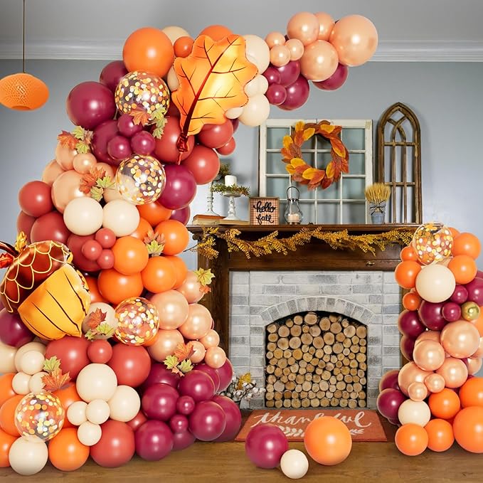 DBKL 138pcs Fall Balloon Garland Arch Kit with Orange Dusty Pink Wine Red Rose Gold Confetti Balloons Maple Leaf Pine Cones Foil Balloons for Thanksgiving Autumn Fall Birthday Shower Party Decorations