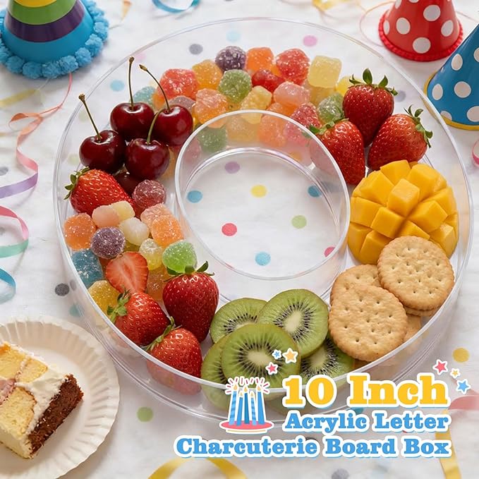 Ledido 10’’ Acrylic Number Charcuterie Board Box, Reusable Fillable Serving Tray for Candy Cake Fruit Snack, Easy-Clean Acrylic Charcuterie Tray for Birthday Anniversary Party Decorations, Number 0