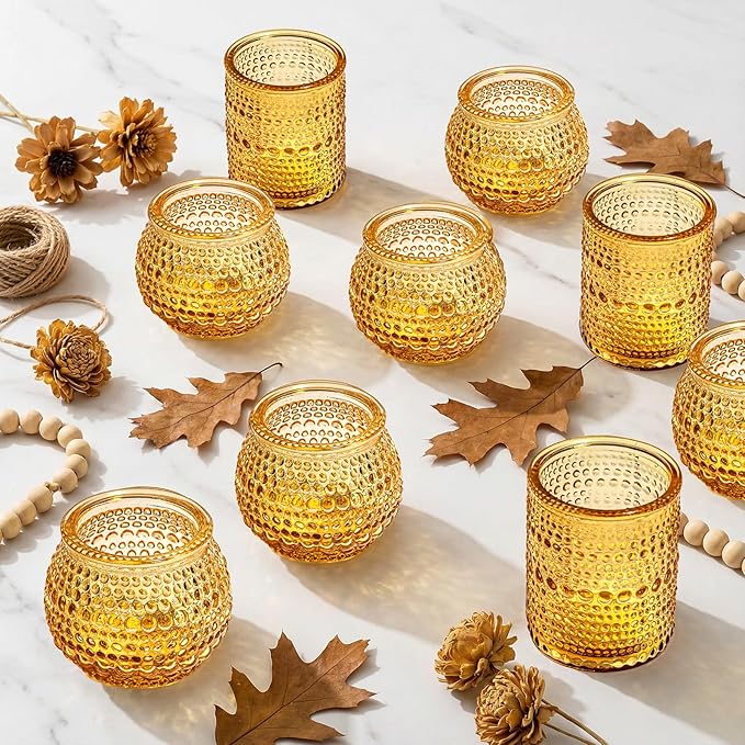 Rubtlamp Amber Votive Candle Holders Set of 24, 12Pack 2.1 * 2.7inch Glass Vintage Candles Holder 12Pack 2.1 * 2.1inch Tea Lights Candle Holders for Table Centerpiece Wedding Decor Home Decoration