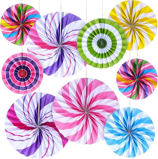 Outus Hanging Paper Fans Decorations Candy Party Classroom Decoration Colorful Peppermint Candy Paper Fan Ceiling Wall Garland for Candyland Themed Birthday Party Supplies(18 Pcs,Classic)