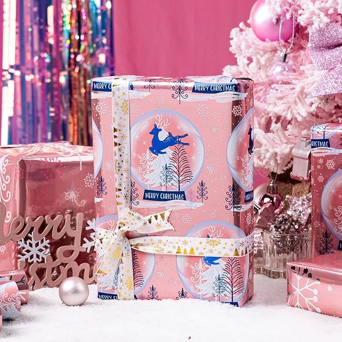 Burymento Pink Christmas Wrapping Paper - 3 Rolls - 17 In X 120 In Per Roll - Cute Shiny Christmas Trees, Snowflakes, Reindeer Design Gift Wrap for Holiday, XMAS Gift Packaging
