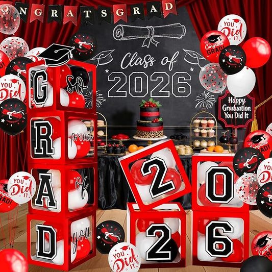 2026 Graduation Decorations - Red Balloon Boxes with Letters 2026 Grad & So Proud of You and Red Black White Print Balloons, Graduation Party Decorations Class of 2026 for Any Grades