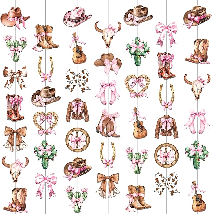 Cowgirl Coquette Garlands 8PCS Western Disco Cowgirls Hanging Decorations Cowgirl Hat and Boots Paper Garland Banner Cactus Pink Bow Decor for Girls Bachelorette Bridal Shower Supplies