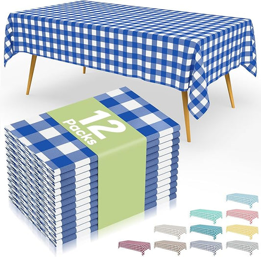 Smiry 12 Packs Gingham Disposable Table Cloth, 54 x 108 Inch Waterproof Plastic Tablecloth, Rectangle Blue and White Checkered Table Covers for Picnic, Birthday, Party
