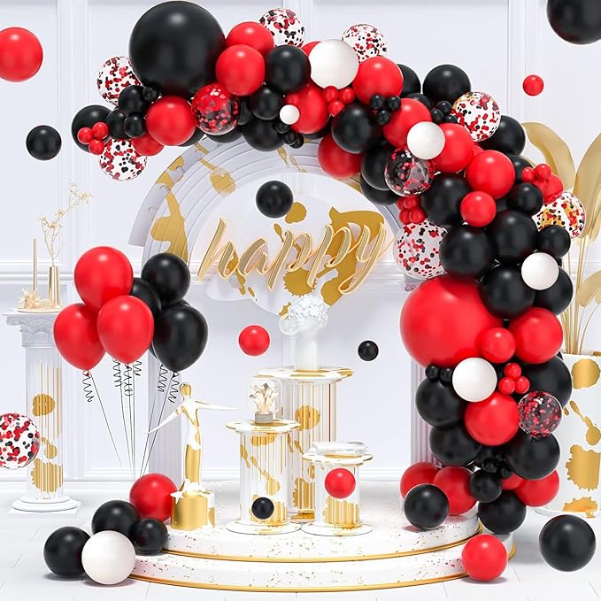CANREVEL 50pcs 12 Inches Black Red Confetti Balloons Kit, Black Red White Party Balloons with Ribbons for Birthday, Wedding, Baby Shower, Graduation Decorations