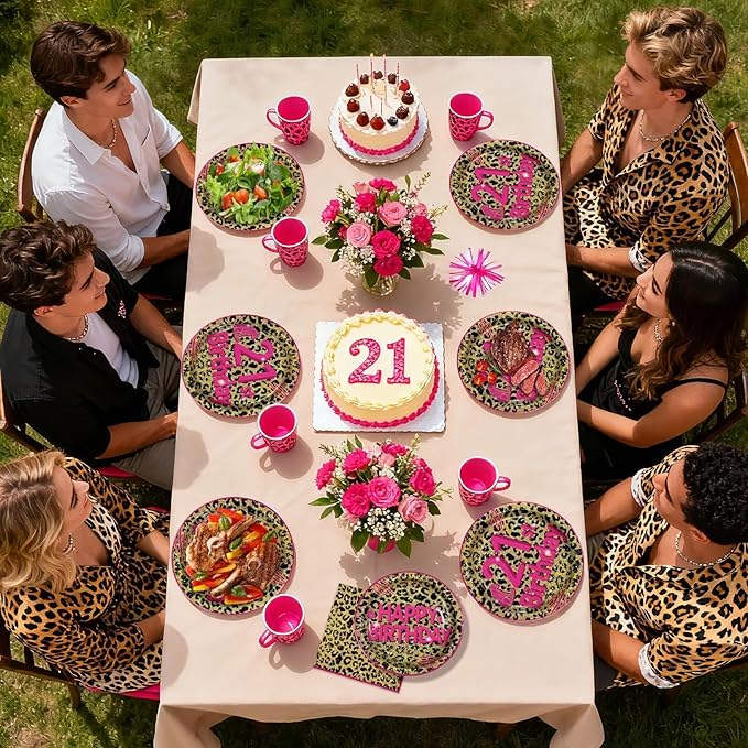 21st Birthday Decorations for Her, 96Pcs Cheetah Leopard Print Plates and Napkins Pink Leopard Print Supplies Happy 21st Birthday Tableware Set for Girls Safari Animal Party Decorations Serves 24