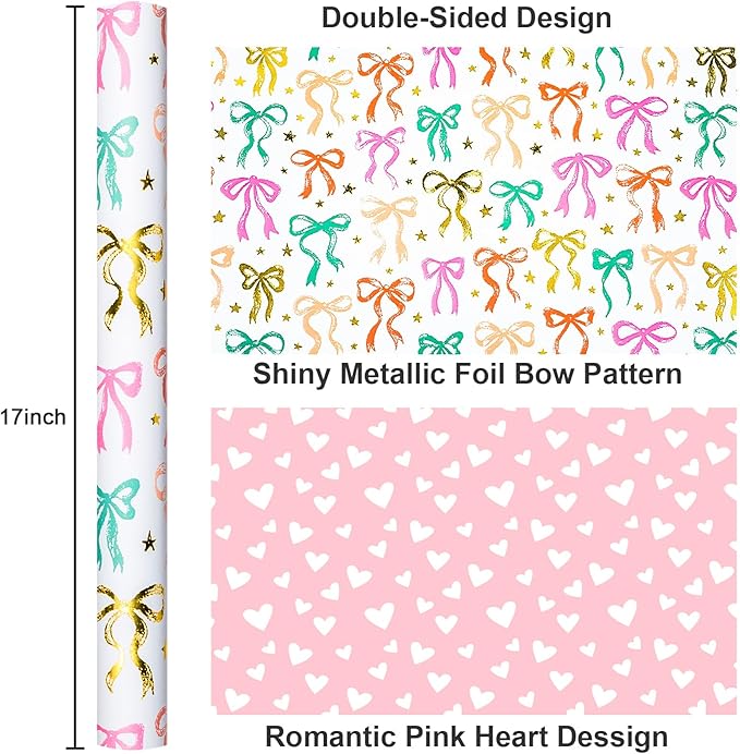 MAYPLUSS Girl Wrapping Paper Roll, Girly Bow Wrapping Paper, Reversible Elegant Bows Pink Gift Wrap for Birthday, Girl Baby Shower, Wedding, Christmas, Valentine's Day, Bachelorette(17 In X 33 Ft)