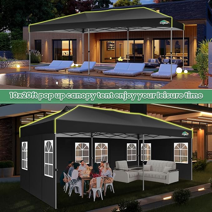COBIZI 10x20 Pop Up Canopy Tent with 6 Removable Sidewalls, One Push Party Tent Outdoor Waterproof Event Canopy with Air Vent for Parties Commercial Wedding, 3 Height, Carry Bag, Sandbag, Black