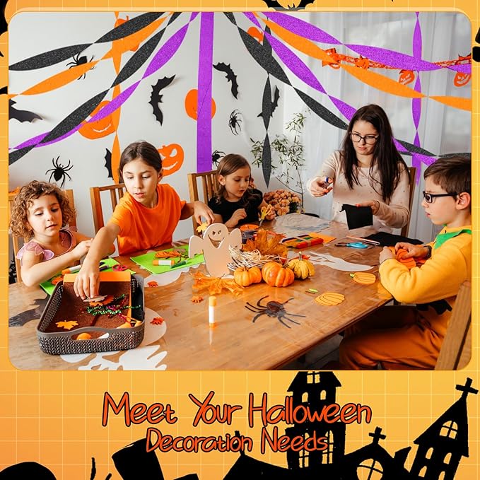 Sherr 24 Rolls Crepe Paper Streamers Hanging Party Decoration Holiday Streamers for Arty Decorations, Birthday Decorations, Wedding Decorations (Purple, Orange, Black,1.8 Inch x 98 Feet)