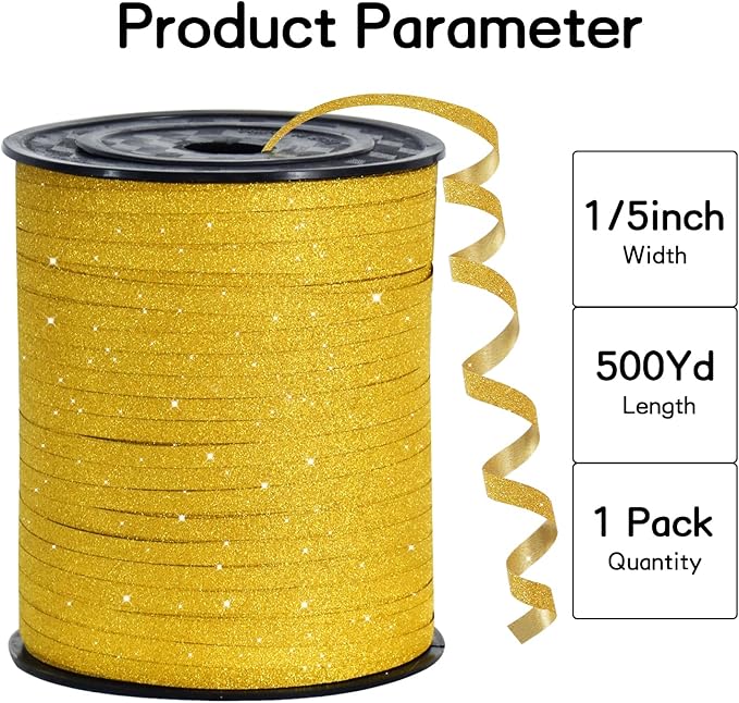 BEISHIDA Gold Glitter Ribbon - 500 Yards Curling Crimped, Shiny for Gift Wrapping, Birthday Party, Festival, Art Craft, Florist Flowers Decoration