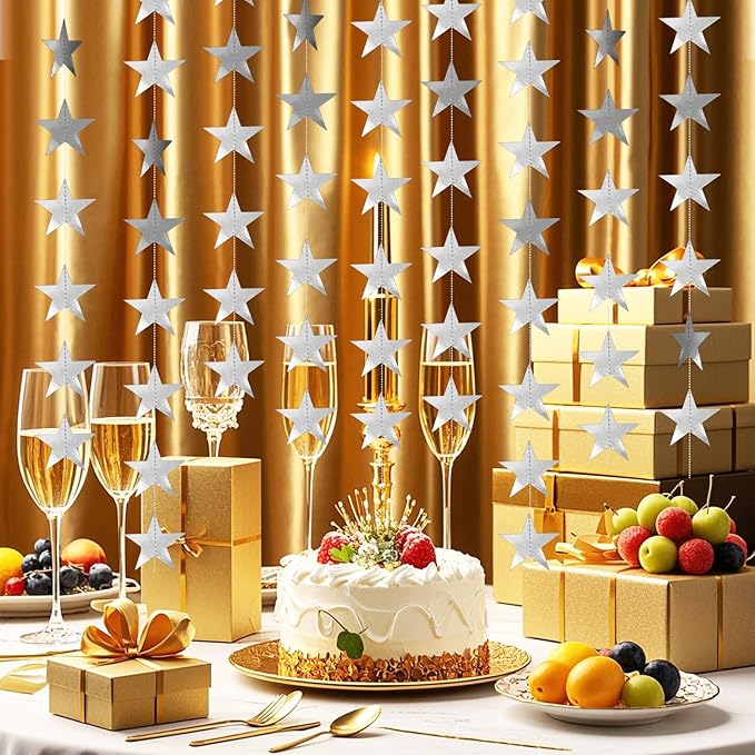 Glitter Star Garland Banner Decor 130 Feet Silver Star Garland Hanging Bunting Banner Backdrop for Graduation Wedding Birthday Holiday Party