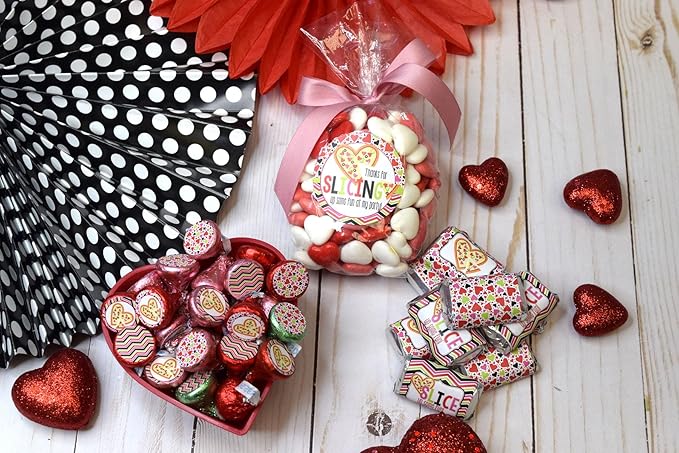 Amanda Creation Cute Heart Shaped Pizza Valentine's Day Birthday Party Sticker Bundle Kit 429 pieces! Includes 2" Circle Stickers for Favors, Mini Candy Bar Wrappers & Round Candy Kiss Stickers
