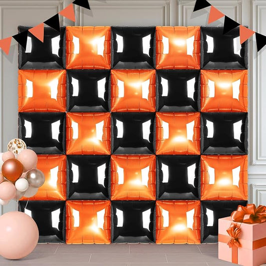 Black and Orange Square Foil Balloons 25 Pcs Metallic Black and Orange Balloons Wall Backdrop for New Year Graduation Birthday Bridal Shower Party Arch Backdrop Decorations