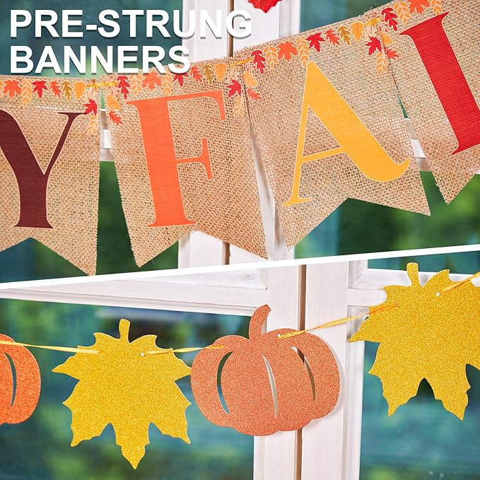 Pre-strung Happy Fall Burlap Banner, Fall Decorations with 100 Pcs Artificial Maple Leaves and Fall Banners for Inside for Autumn Thanksgiving Home Decorations