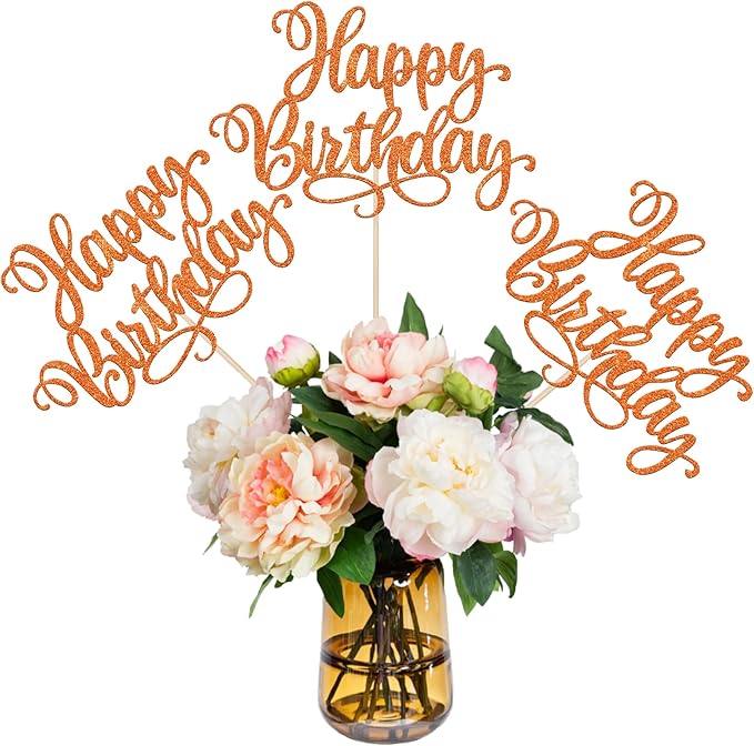 12 PCS Happy Birthday Centerpiece Sticks Double Sided Glitter Birthday Party Table Flower Centerpieces Anniversary Floral Decorations for Celebrating Birthday Party Centerpieces Supplies Orange