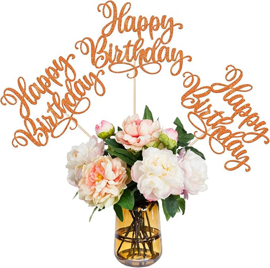 12 PCS Happy Birthday Centerpiece Sticks Double Sided Glitter Birthday Party Table Flower Centerpieces Anniversary Floral Decorations for Celebrating Birthday Party Centerpieces Supplies Orange