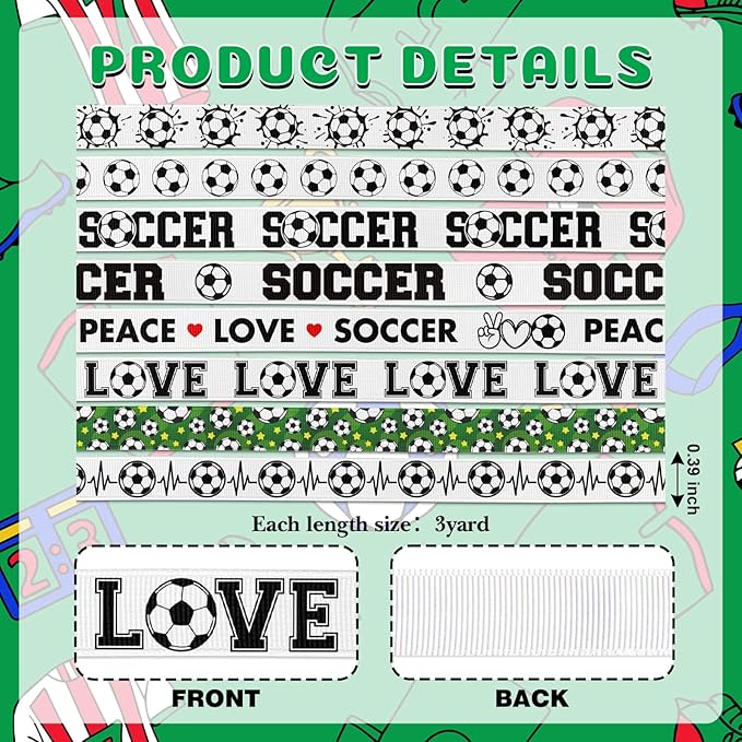 Soccer Ribbon 8 Pack Variety Set, 3/8" Grosgrain, 24 Yards Total (8 Unique Designs x 3 Yds) for Hair Bows, Team Party Decorations, Gift Wrapping, DIY Crafts & Sports Supplies