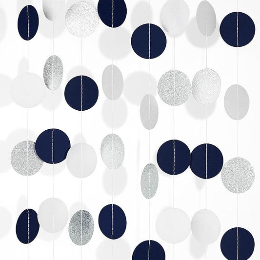 40Ft Navy Blue White Silver Circle Dots Garland - Glitter Hanging Streamer Backdrop for Birthday Wedding Baby Bridal Shower Graduation Christmas Party Decor