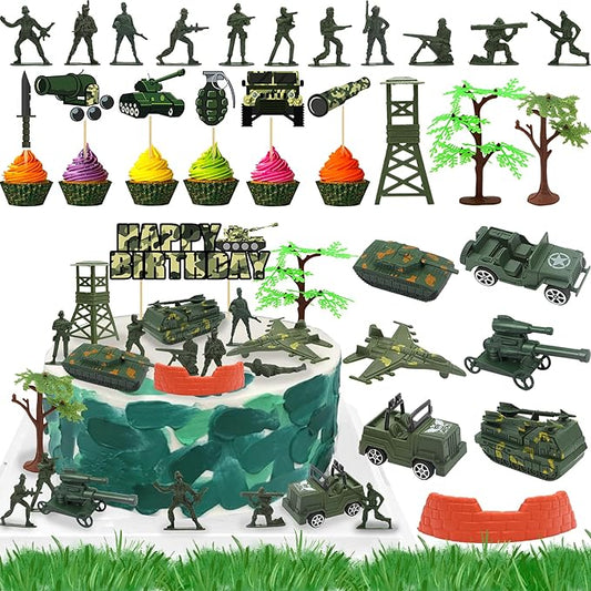 35pcs Camo Cake Cupcake Toppers Camouflage Cake Decorations Army Military Party Supplies with Camo Happy Birthday Cake Topper Army Men Tanks Vehicles for Army Military Themed Party Boys Girls Veteran