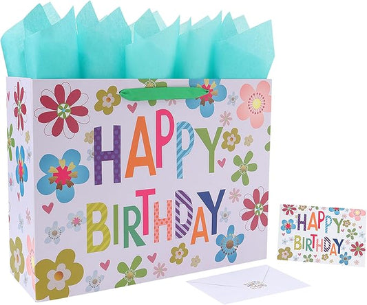 Qirrmiy 16.5” Extra Large Colorful Happy Birthday Gift Bag Set with Handles, Greeting Card, Tissue Papers and Stickers for Kids, Women, Girls, Newborn, New Moms or Parents, 1 Pcs