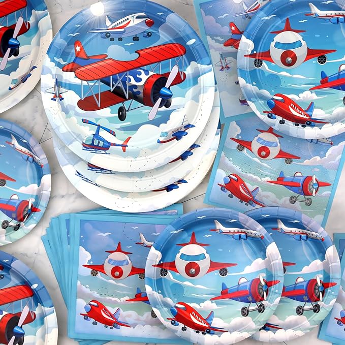 Airplane Party Supplies - Camping Party Tableware - Dinner Plates, Dessert Plates, Napkins, Forks for Plane Theme Party, Baby Shower Supplies, Serves 25