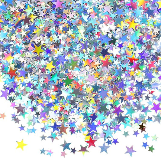 Hestya Star Confetti Glitter Table Confetti Metallic Foil Stars for Graduation Wedding Birthday Party Decorations(Holographic Silver,10mm and 6mm,60g)