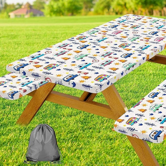 Camping Picnic Table Cover with Bench Covers, Wooden Camper RV Camping Tablecloth Fitted Picnic Table Covers for Indoor Family Garden Outdoor Party Decorations, 3 Pieces Set, 30X96in