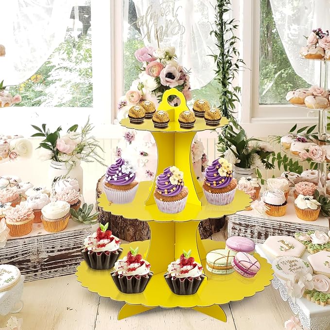 Soleebee 3-Tier Cupcake Stand, Cardboard Cupcake Tower, Dessert Cup Cake Stand Tower for Birthday Wedding Party Decoration, Cupcake Tier Stand 2 Set (Yellow)